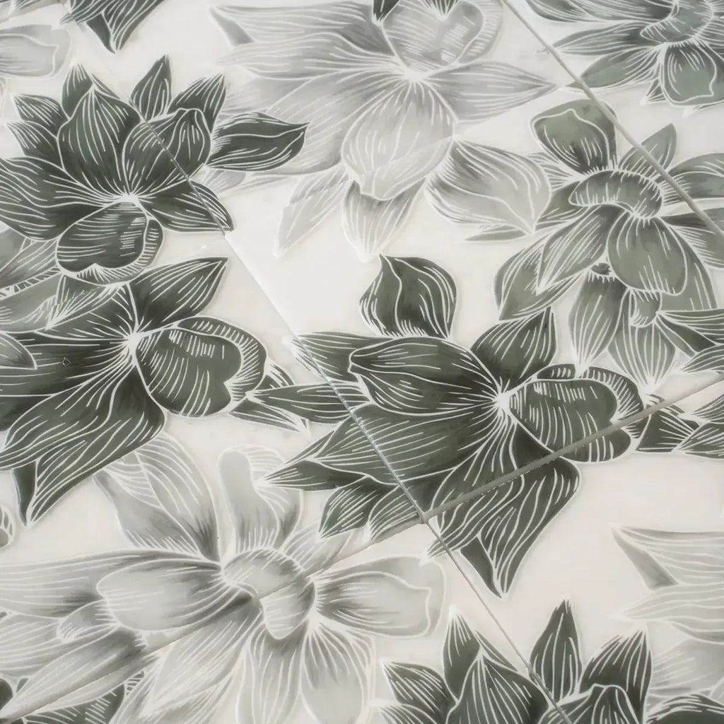 Bluma Floral Green Etched Marble Mosaic | Tile Club