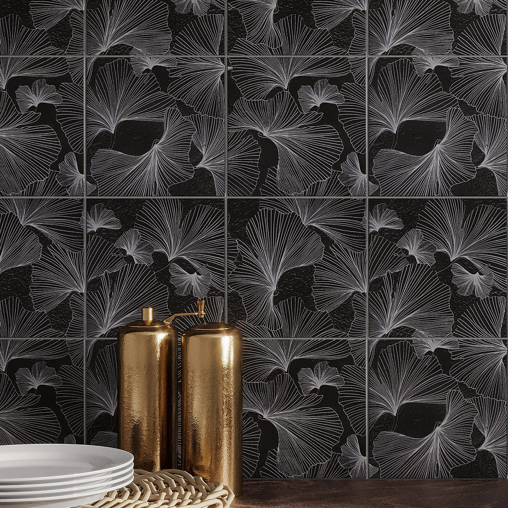 Bluma Gingko Black Etched Marble Mosaic for a moody dark backsplash