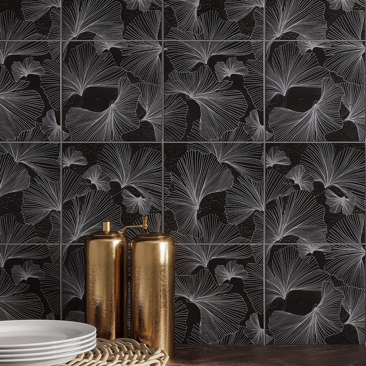 Bluma Gingko Black Etched Marble Mosaic for a moody dark backsplash