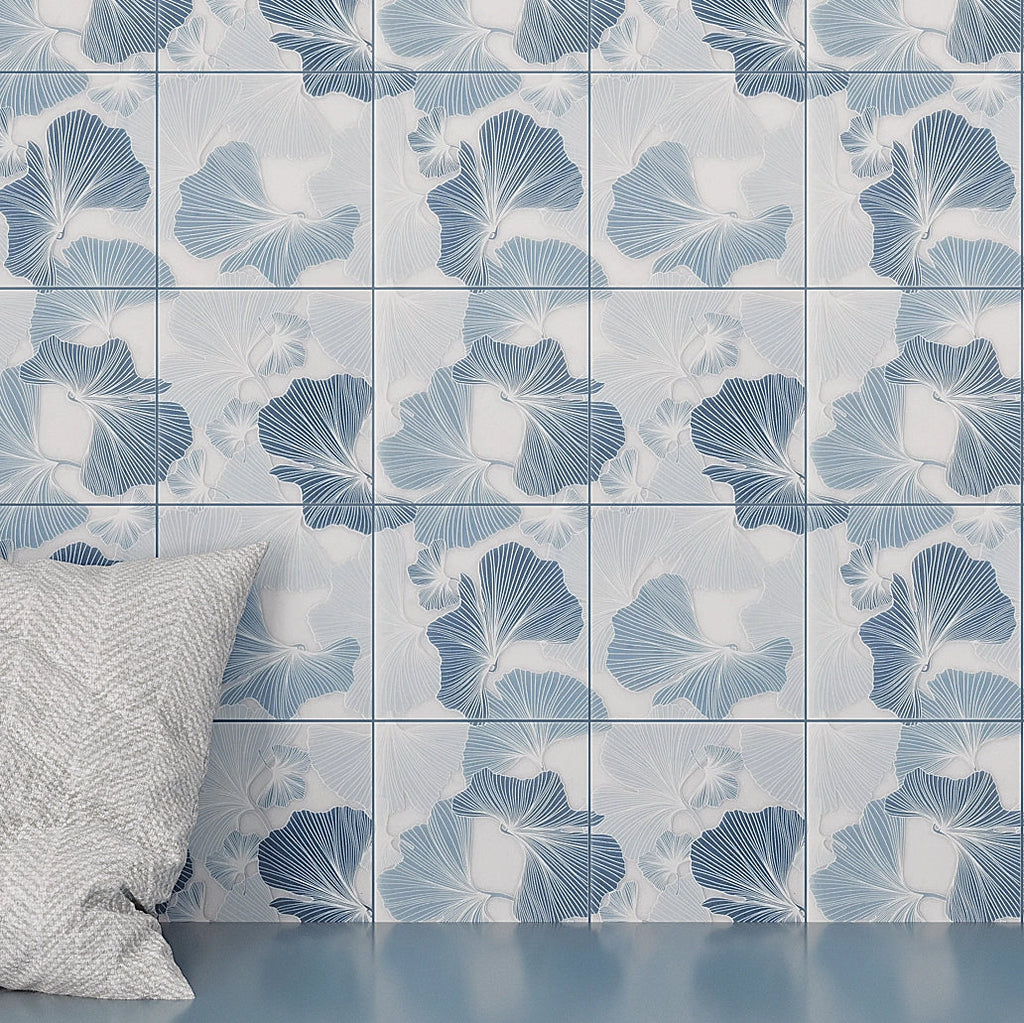 Bluma Gingko Blue Etched Marble Mosaic Wall Design