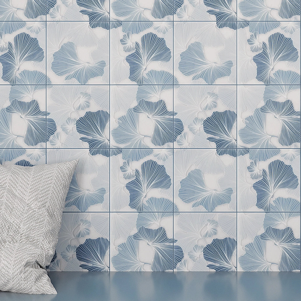Bluma Gingko Blue Etched Marble Mosaic Wall Design