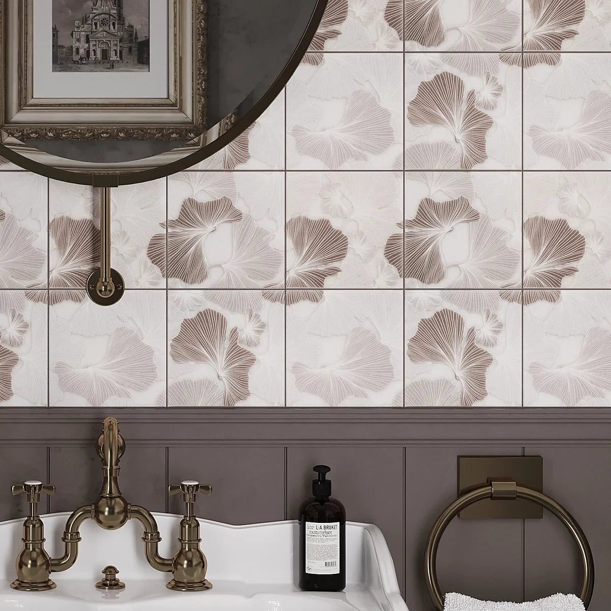 Bluma Gingko Taupe Etched Marble Mosaic bathroom wall tile