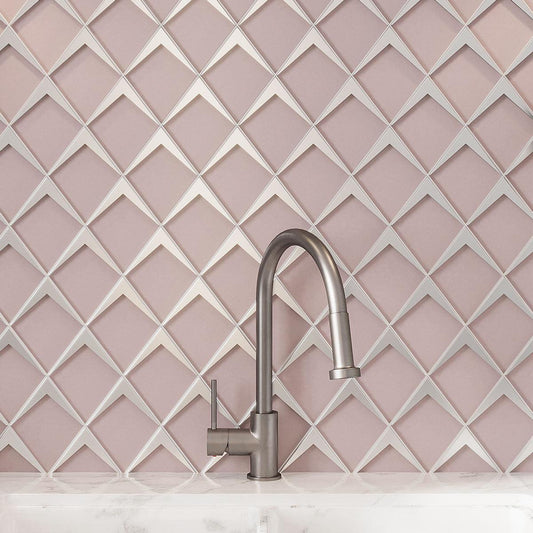 Blush Frost Diamond Glass Mosaic Tile Backsplash with Pink and Silver Accents