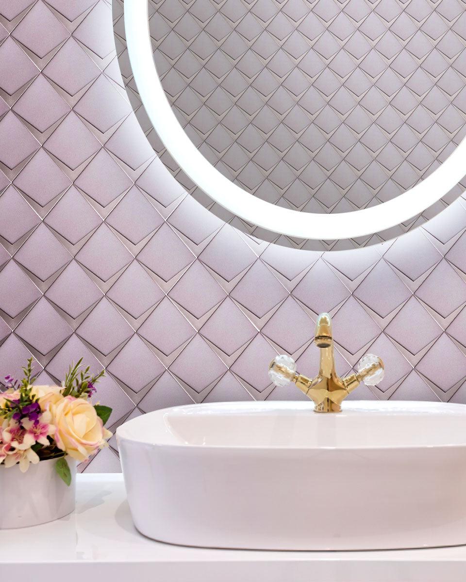 Blush pink frosted glass tile with chrome details