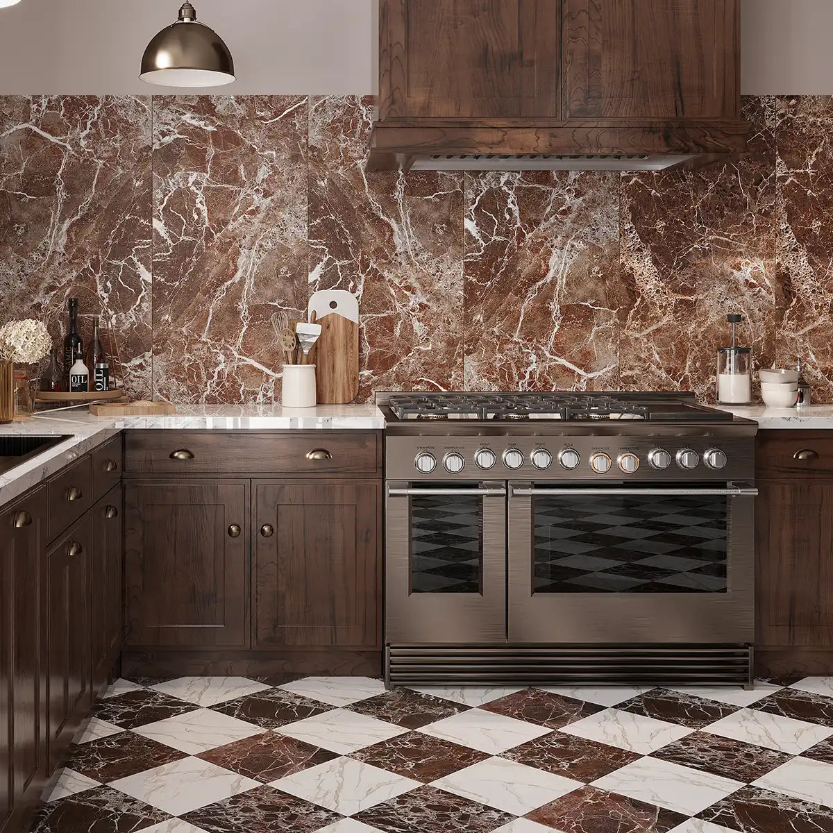 Modern kitchen with marble-look porcelain tile backsplash and checkered floor