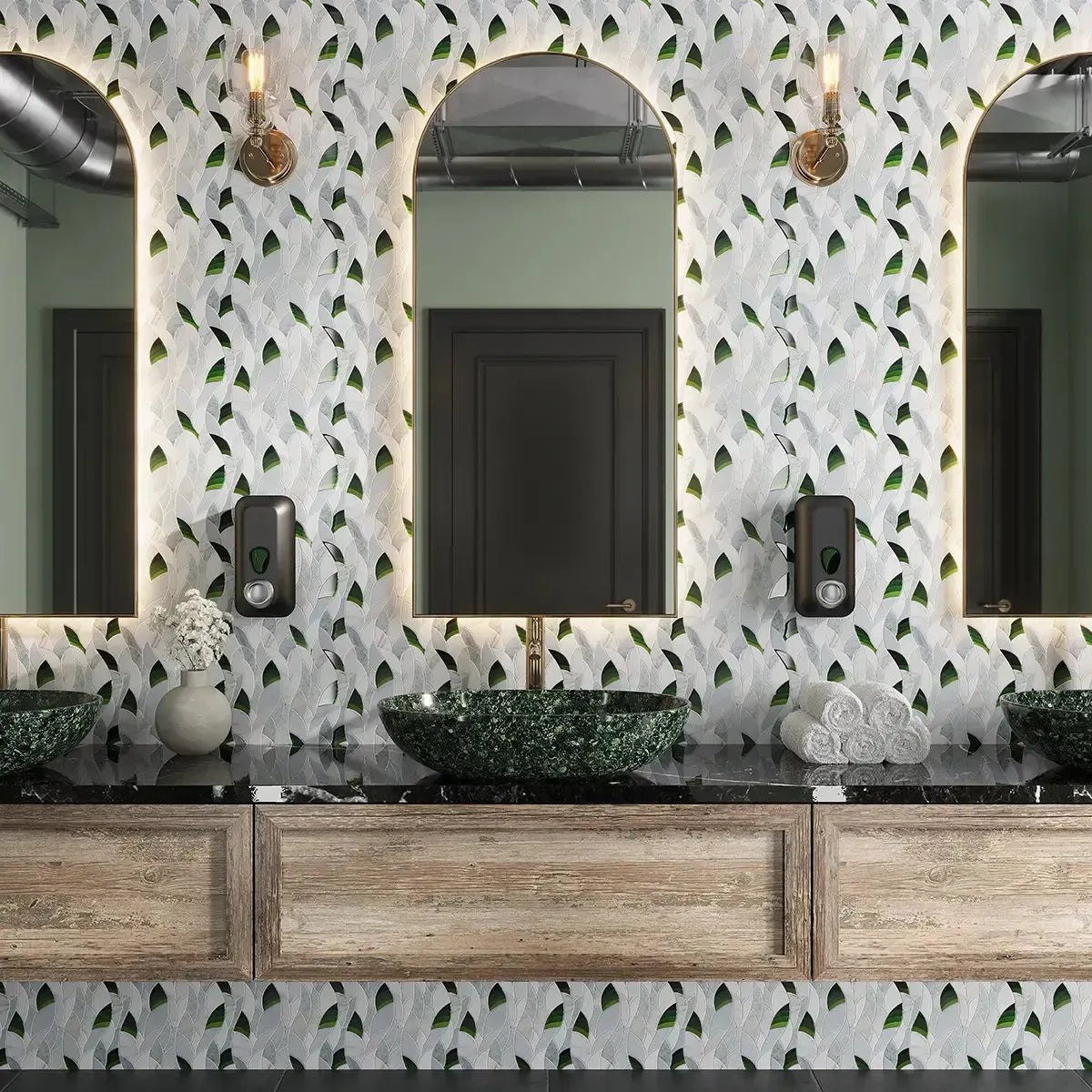 Botanical Waves Green Glass and Marble Mosaic Tile | Tile Club