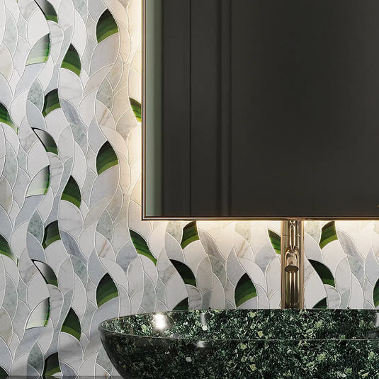Botanical Waves Green Glass and Marble Mosaic Tile