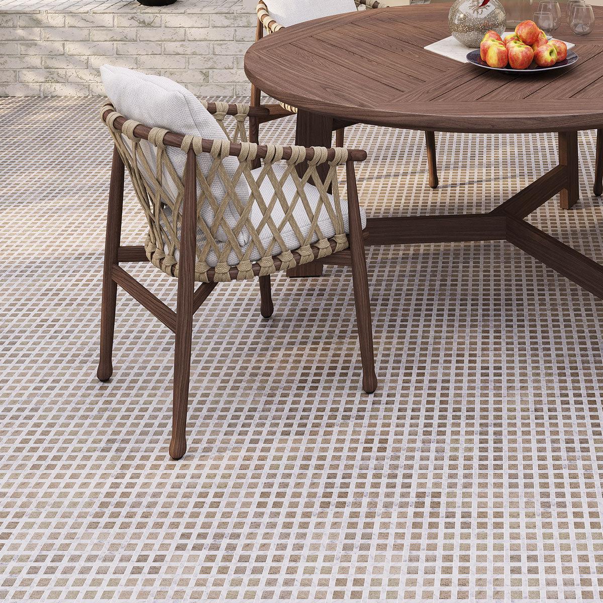 Boulevard Carrara And Beige Marble Mosaic Tile patio floor