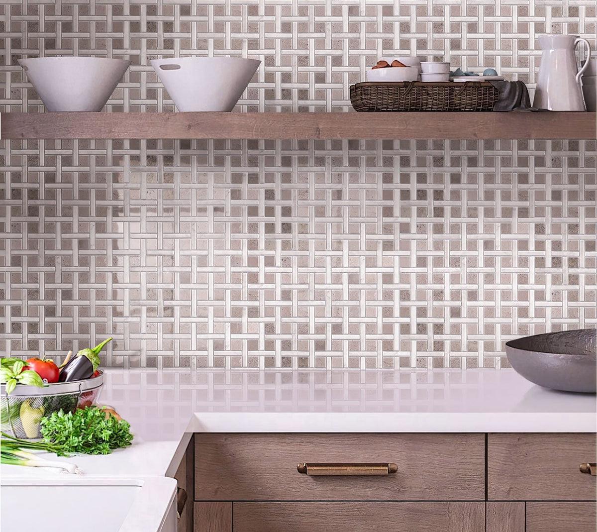 Boulevard Carrara And Beige Marble Mosaic Tile kitchen backsplash