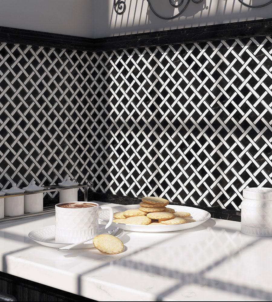 Boulevard Nero Marquina And Carrara Marble Mosaic Tile Black and White Kitchen Backsplash