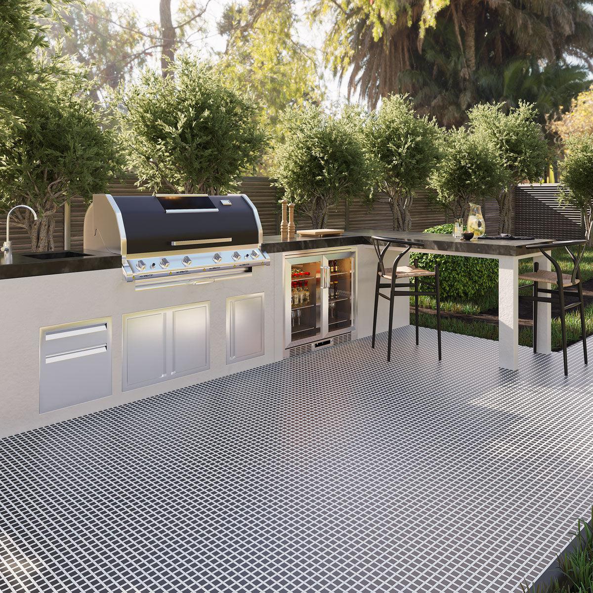 Black and white patio floor with a classic basketweave pattern