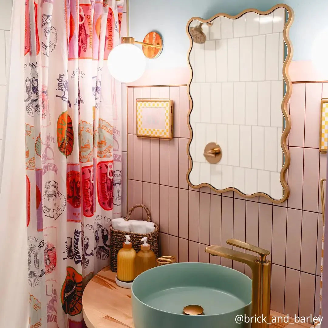 Colorful Bathroom with Groove Pink Matte Ceramic Subway Tile