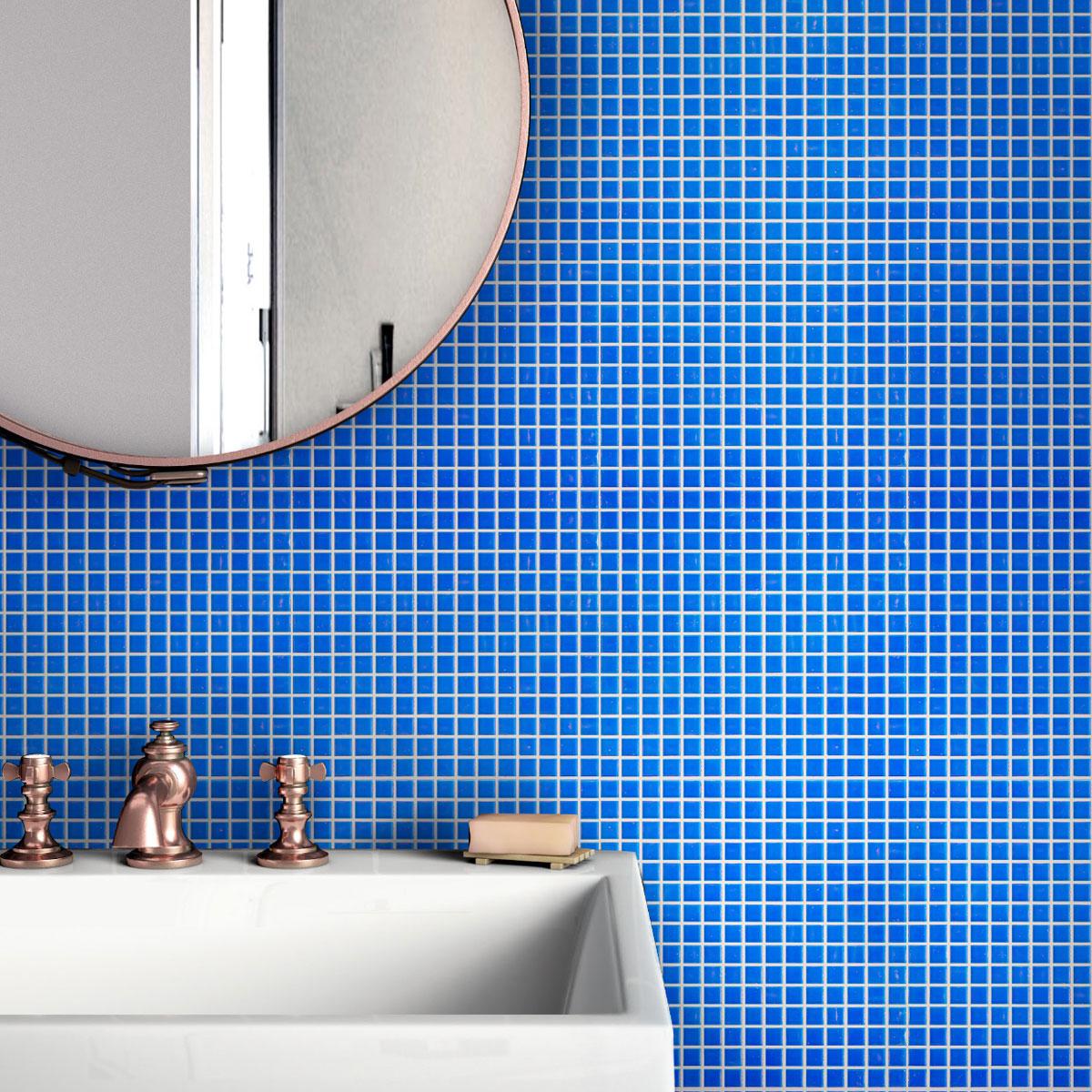 Luxurious bathroom shines with vibrant Bright Cobalt Blue Squares Glass Pool Tile