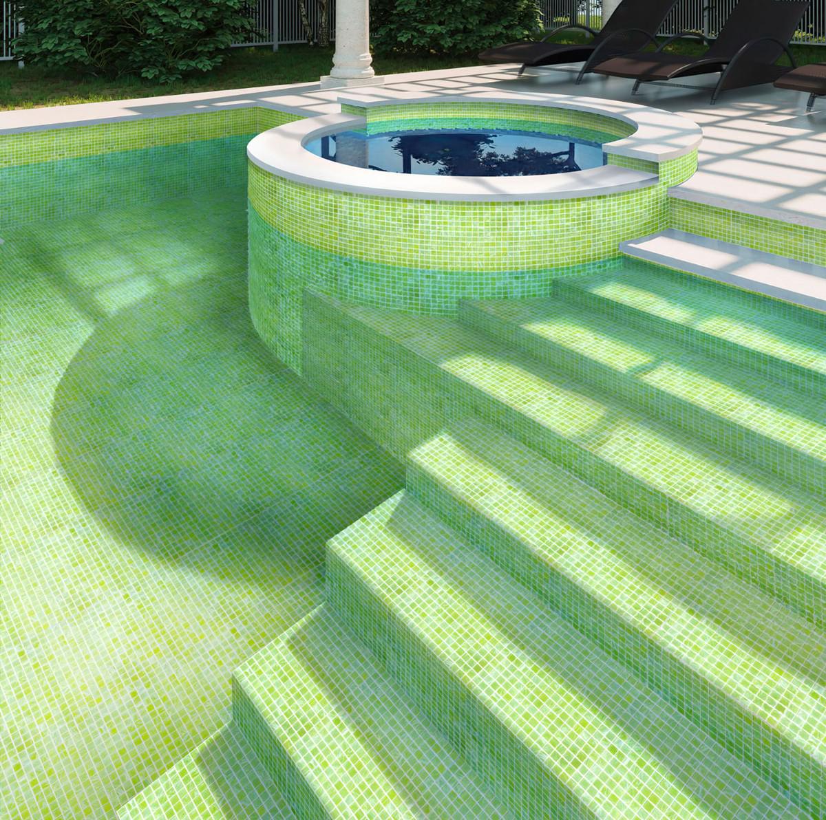 Outdoor Pool lined with Bright Lime Mixed Squares Glass Pool Tile