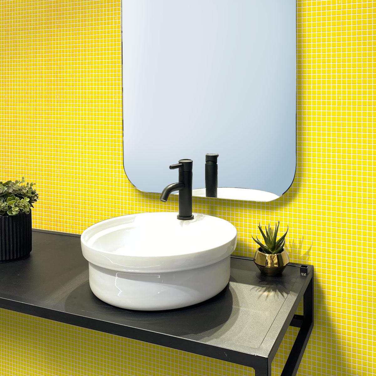 Bright Mustard Yellow Squares Glass Pool Tile Bathroom Backsplash