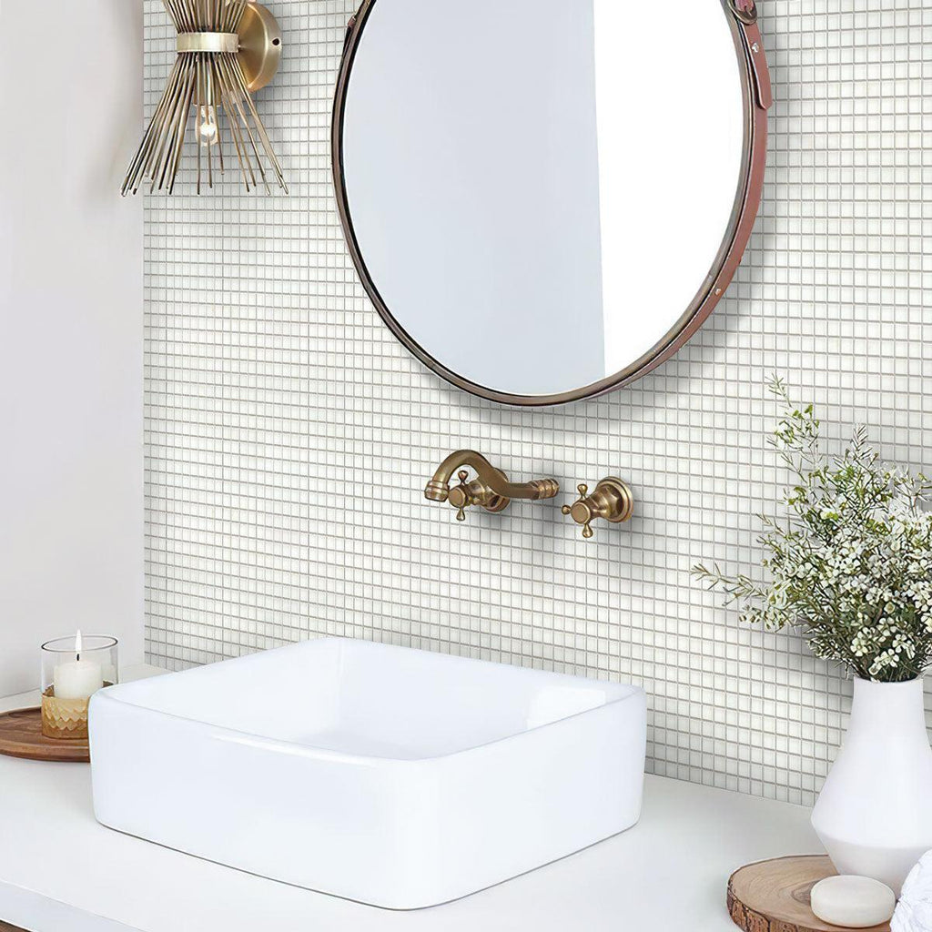 Bright White Squares Glass Pool Tile Bathroom Backsplash