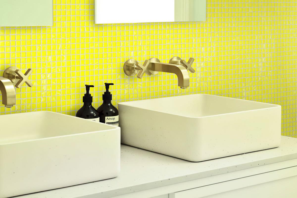Bathroom with Bright Yellow Squares Glass Pool Tile backsplash