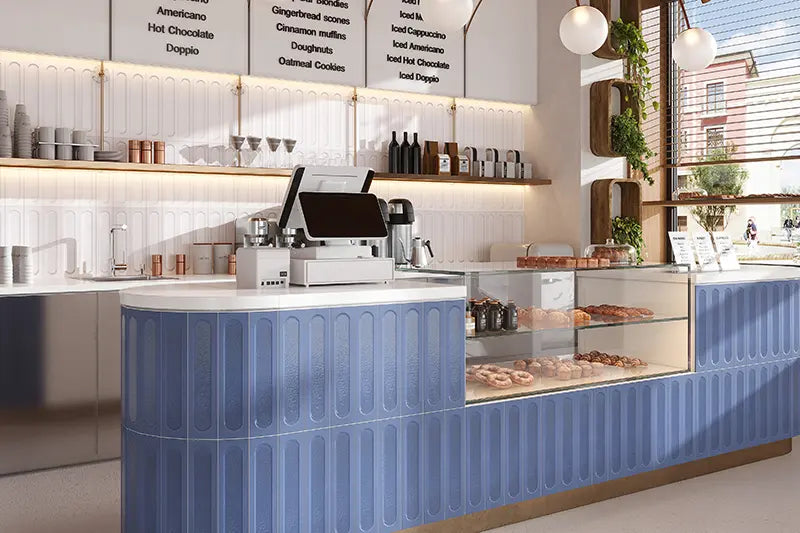 Modern cafe with textured blue and white ceramic tiles