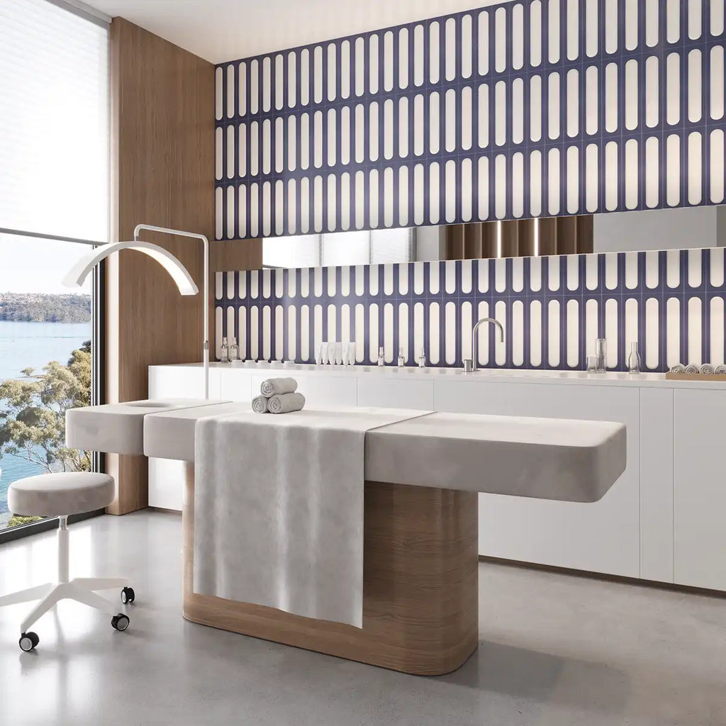 Brio Navy and White Dash 3D Ceramic Subway Tile Sample | Tile Club