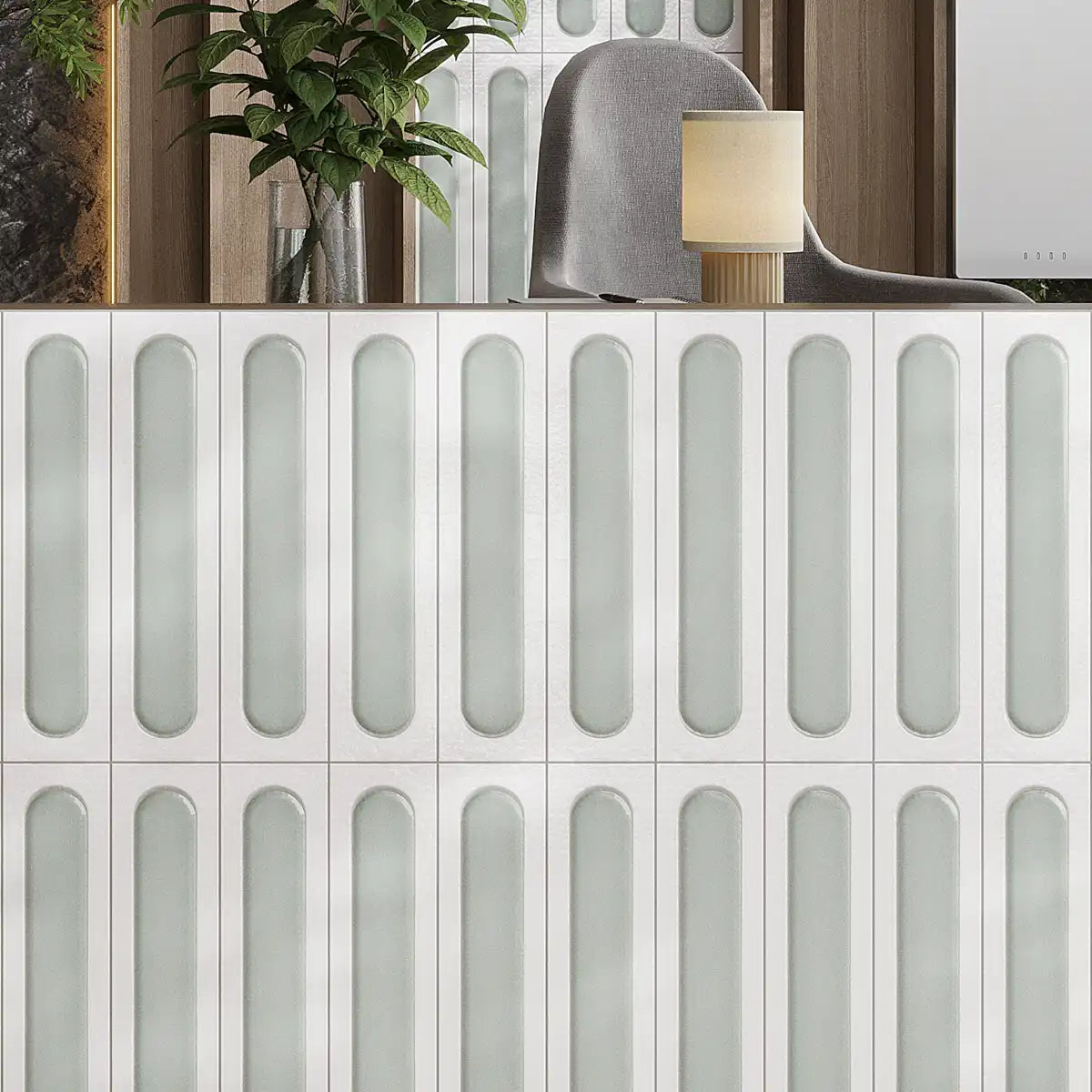 Brio White and Sage Dash 3D Ceramic Subway Tile Sample | Tile Club