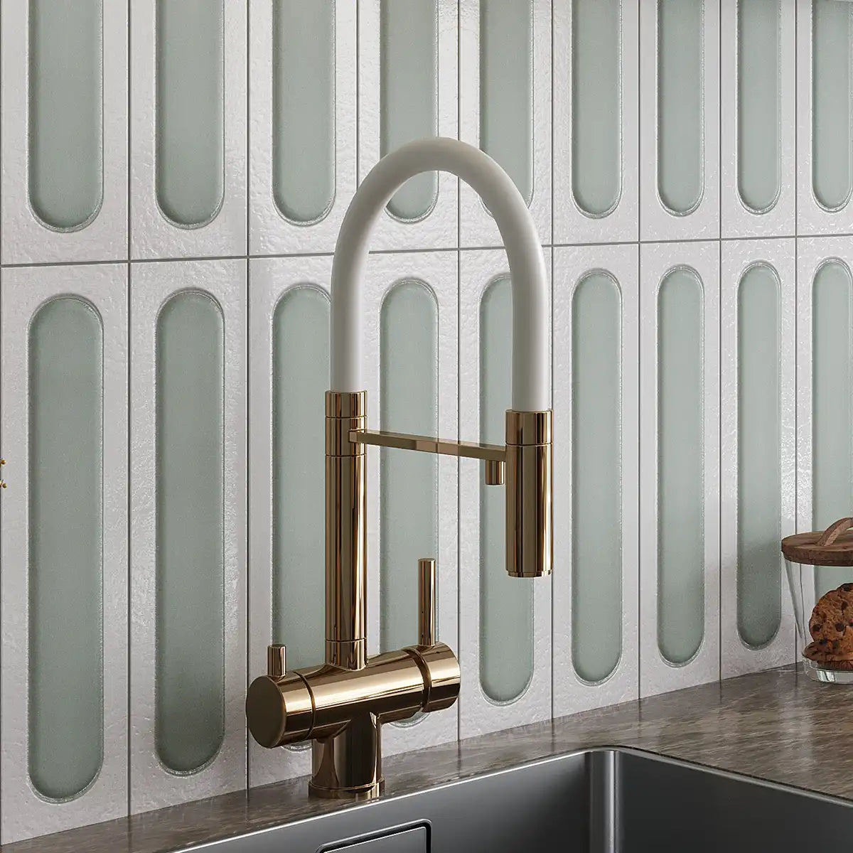 Brio White and Sage Dash 3D Ceramic Subway Tile Sample | Tile Club