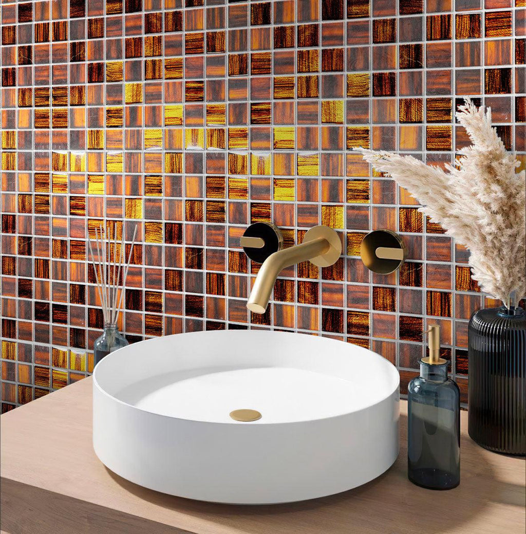 Shimmery brown glass tile bathroom wall backsplash