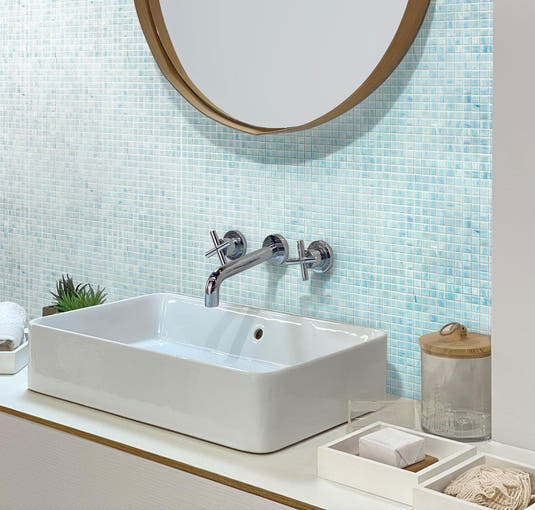 Brushed Baby Blue Squares Glass Pool Tile Bathroom Backsplash