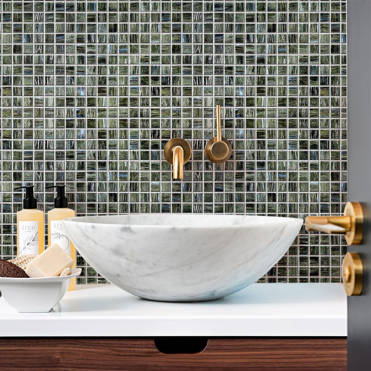Modern bathroom adorned with vibrant Brushed Black & Blue tiles sparkles fiercely