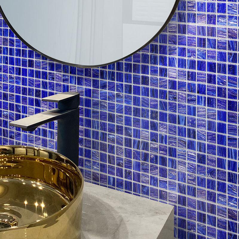 Brushed Navy Blue Squares Glass Pool Tile | Tile Club
