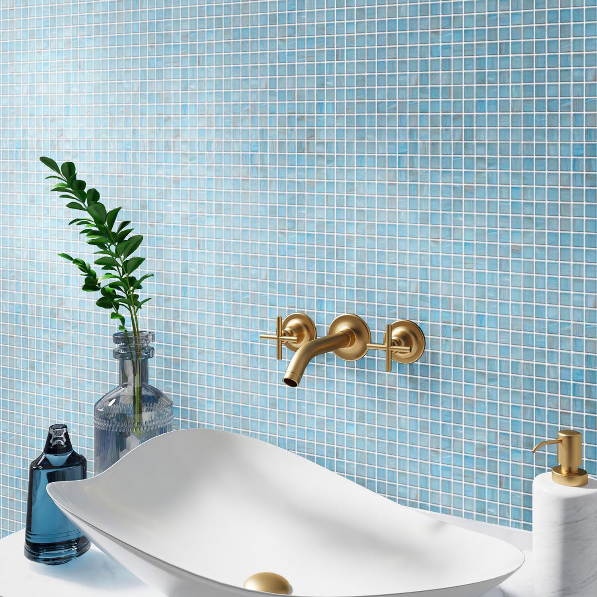 stunning bathroom gleams with Brushed Powder Blue Mixed Squares Glass Pool Tile