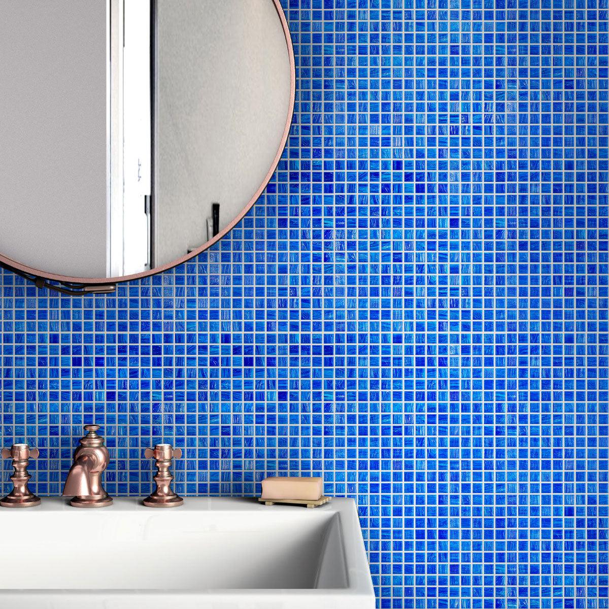 Brushed Sapphire Blue Squares Glass Pool Tile Bathroom Backsplash