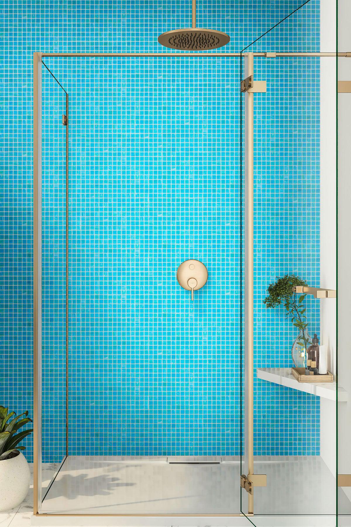 Brushed Sea Blue Squares Glass Pool Tile Shower Backsplash