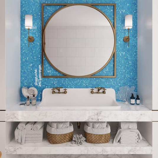 Brushed Sky Blue and White Mixed Squares Glass Tile Backsplash