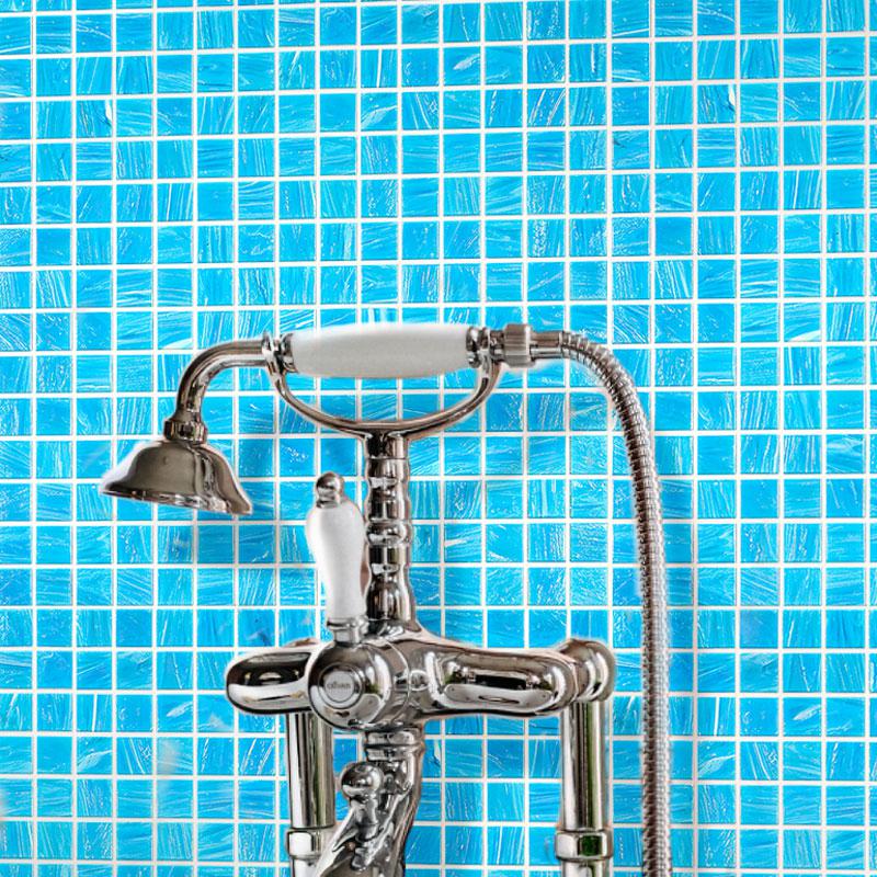 Brushed Sky Blue Mixed Squares Glass Pool Tile | Tile Club