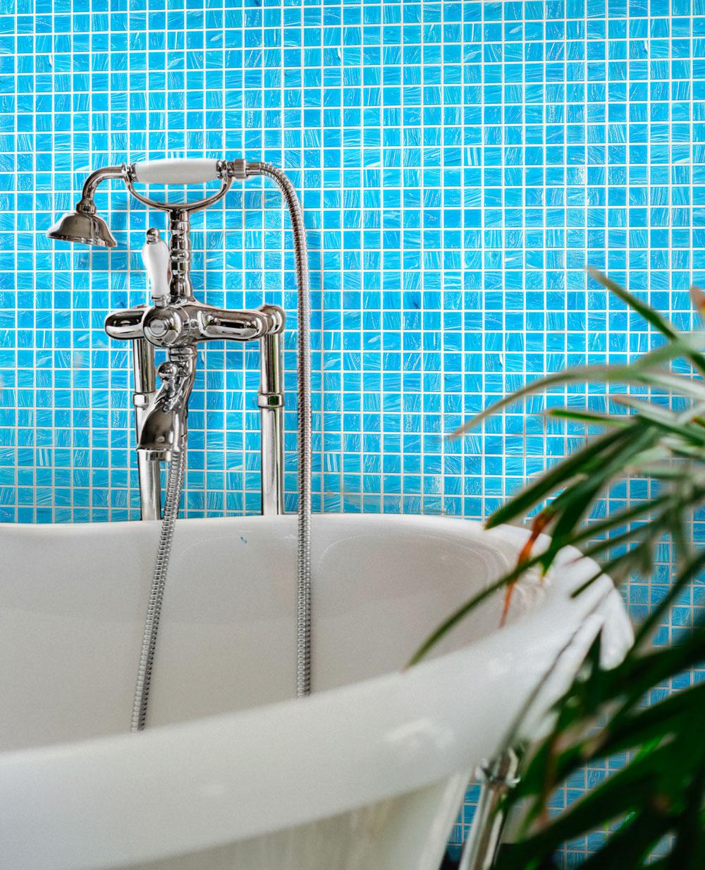 Dazzling and luxurious Bathroom finished with Brushed Sky Blue Mixed Squares Glass Pool Tile