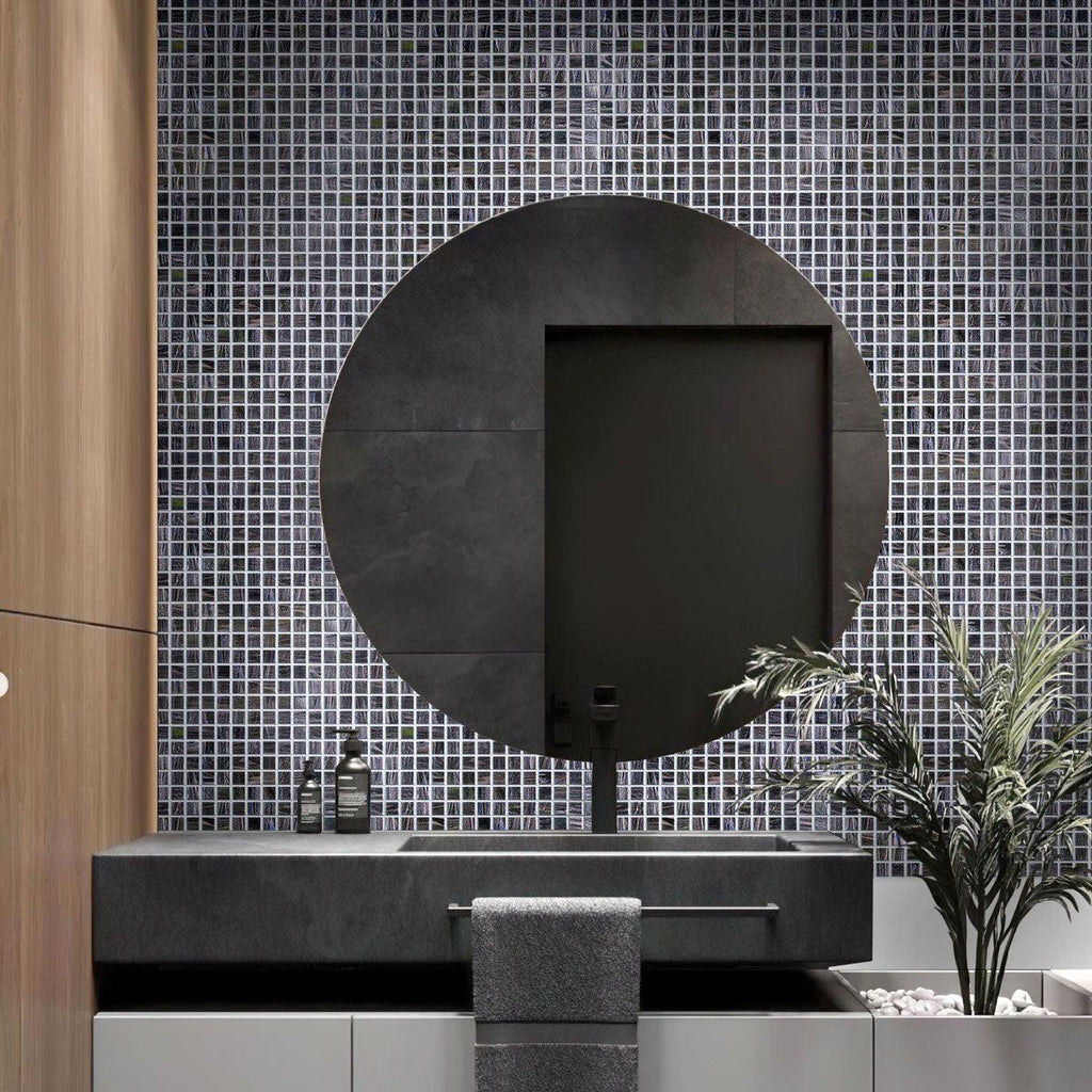 This lavish bathroom glistens with Brushed Sparkly Pearl Black Squares Glass Pool Tile