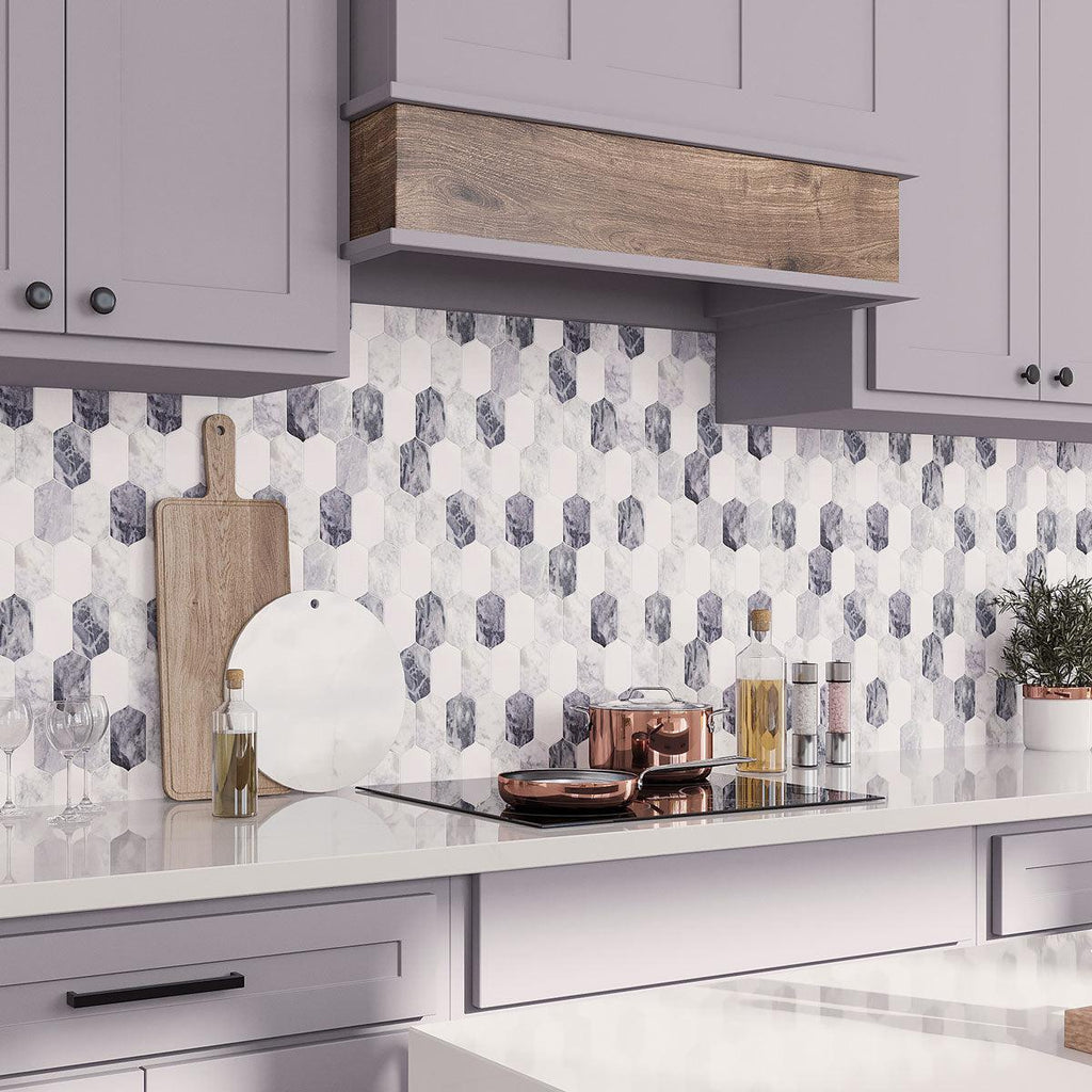 Calacatta Bluette Elongated Hexagon Mosaic Tile Backsplash
