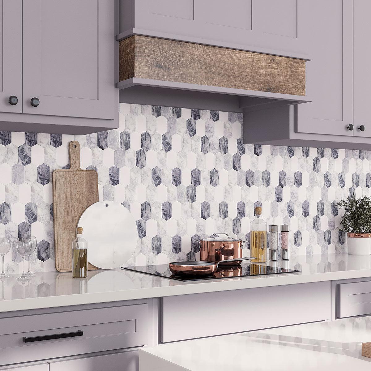 Calacatta Bluette Elongated Hexagon Mosaic Tile Backsplash