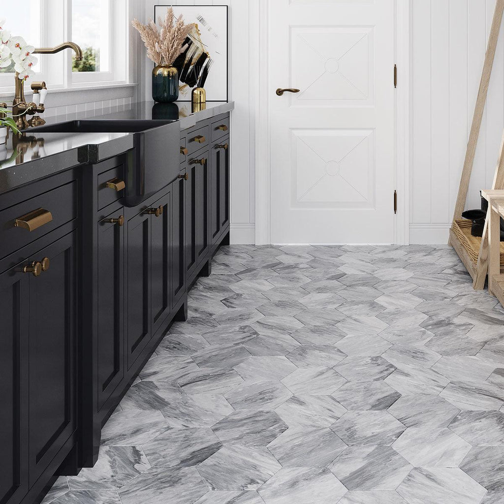 Calacatta Bluette Marble 10" Honed Hexagon Tile | Tile Club