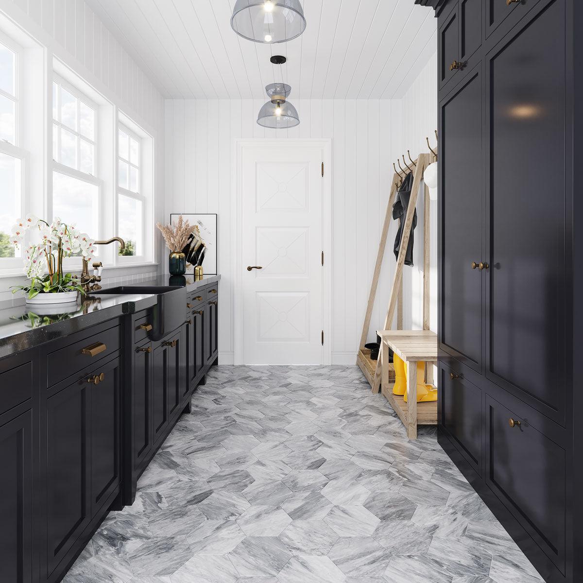 White and Navy Blue Mudroom with Calacatta Bluette Marble Hexagon Tile Floor