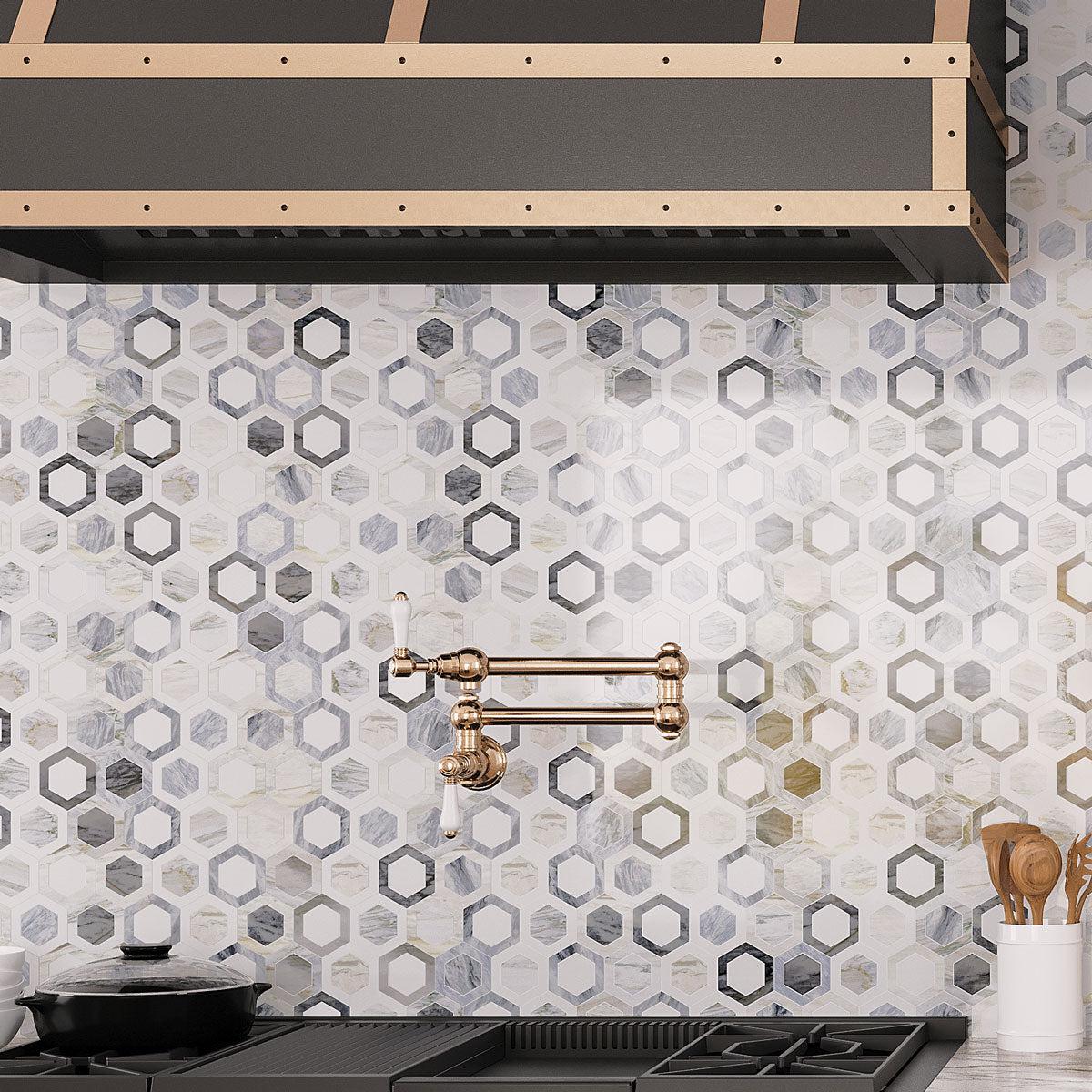 Calacatta Bluette Marble Double Hexagon Mosaic Tile backsplash