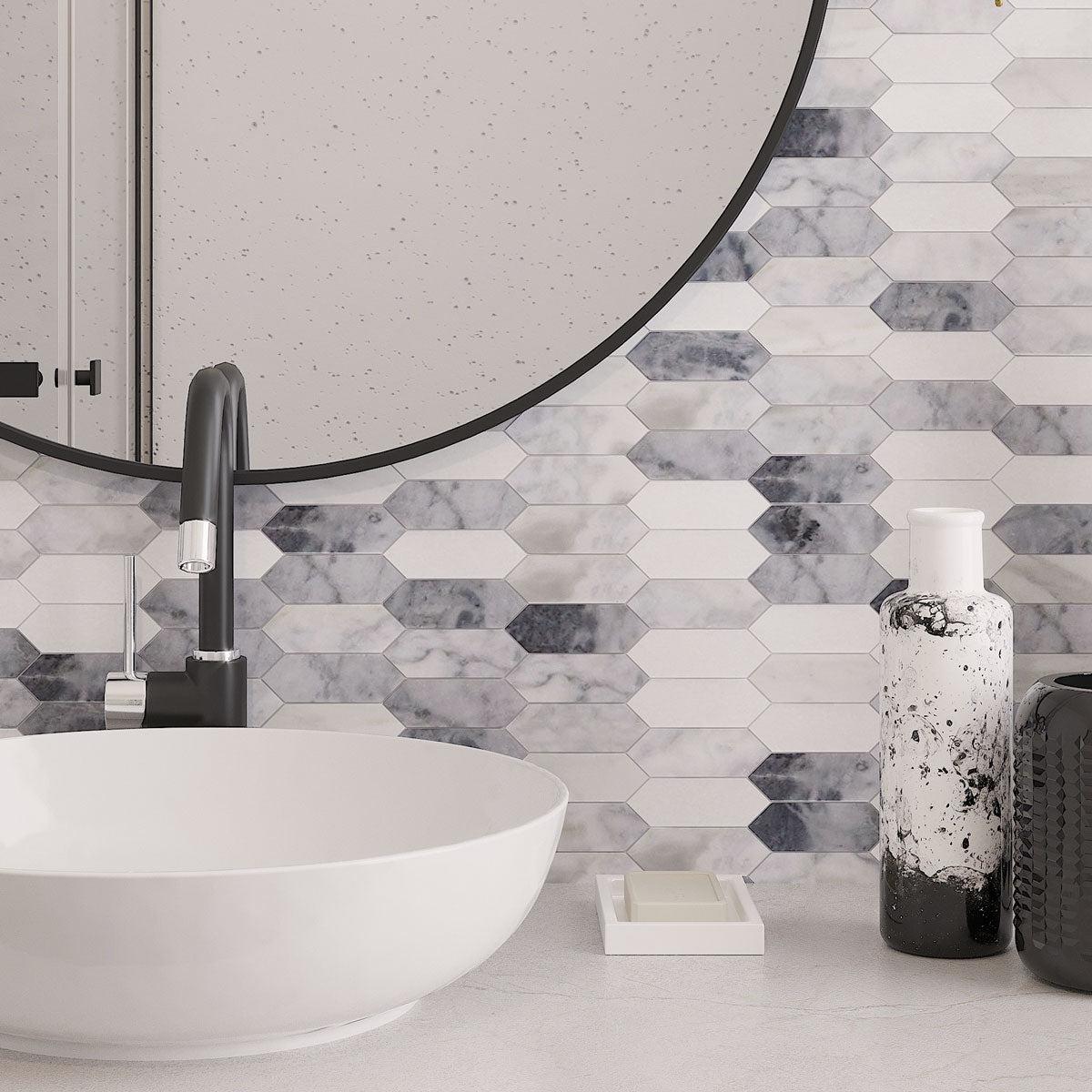 Dress up your Bathroom walls with Calacatta Bluette Marble Picket Tile