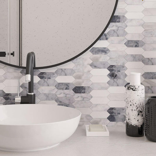 Dress up your Bathroom walls with Calacatta Bluette Marble Picket Tile