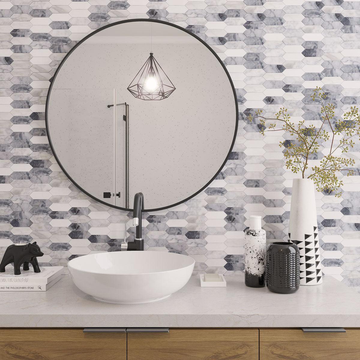 Calacatta Bluette Marble Picket Tile bathroom in blue, gray, and white