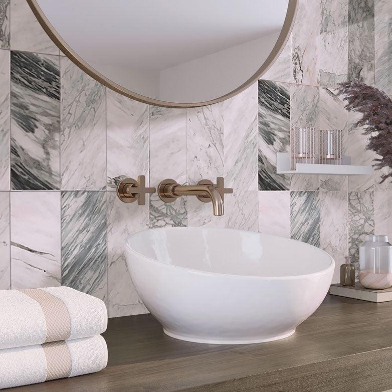 Calacatta Bluette Polished Marble Subway Tile Bathroom Wall