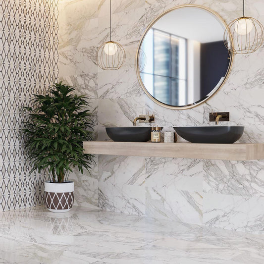 Calacatta marble slab bathroom backsplash and floor tiles