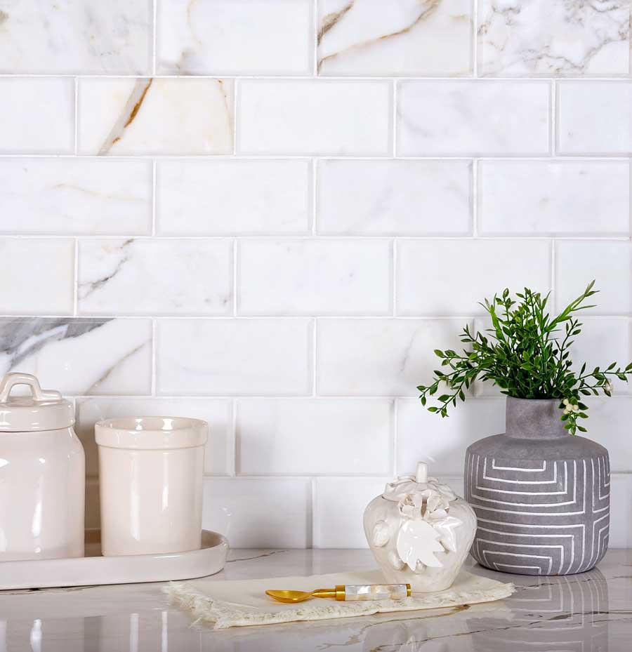 Calacatta Gold 3X6 Beveled Marble Tile Backsplash
