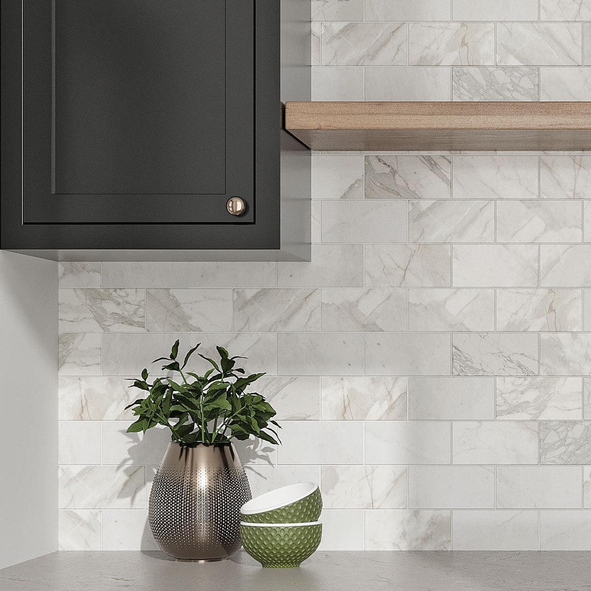Calacatta Gold 3X6 Honed Marble Tile Kitchen Wall