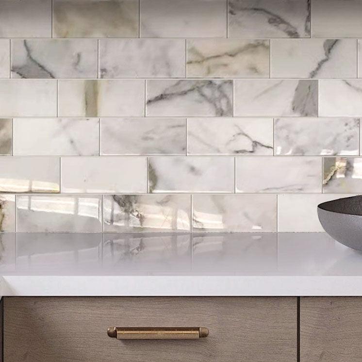 Calacatta Gold Marble Subway Tile Kitchen Backsplash