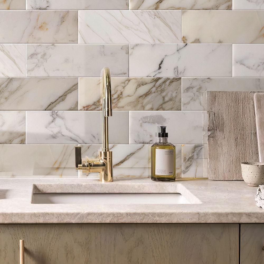 Calacatta Gold Polished Marble Subway Tile Kitchen
